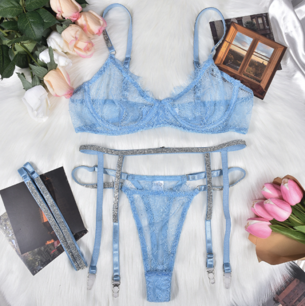 Eyelash Lace Hot Drill Ribbon Sexy Perspective Four-piece Sexy Lingerie Set With Steel Ring - Image 8