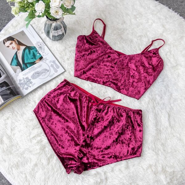 New Fashion Women 2pcs Velvet Sleepwear Sexy Camisole Silky Smooth Shorts Sleeveless Pajama Set Ladies Sleepwear Female - Image 5