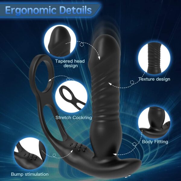 Anal Vibrator Prostate Massager with Remote Control Double Cock Ring Wearable Anal Toy Butt Plug Dildo Vibrator with 3 Thrusting - Image 5