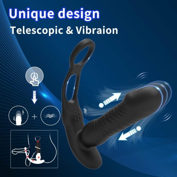 Anal Vibrator Prostate Massager with Remote Control Double Cock Ring Wearable Anal Toy Butt Plug Dildo Vibrator with 3 Thrusting - Image 4