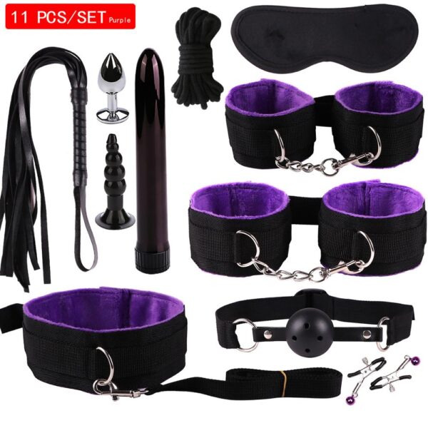 11PCS/SET Sex Toys For Couples Exotic Accessories Nylon Silicone Sex Bondage Set Lingerie Handcuffs Whip Rope Anal Vibrator - Image 7